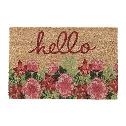 Produktbild: Relaxdays Fußmatte Kokos, Blumen & Hello-Schriftzug, 40 x 60 cm, Türvorleger innen & außen, rutschfest, wetterfest, bunt