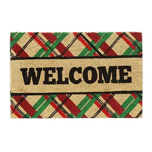 Produktbild: Relaxdays Fußmatte Kokos, BxT: 60x40 cm, Karo-Muster & Spruch Welcome, gummiert, innen & außen, Türvorleger, Mehrfarbig