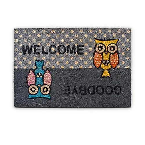 Produktbild: Relaxdays Fußmatte Kokos EULEN 40 x 60 cm Kokosmatte mit rutschfester PVC Unterlage Fußabtreter aus Kokosfaser als Schmutzfangmatte und Sauberlaufmatte Fußabstreifer für Außen und Innen Matte, grau