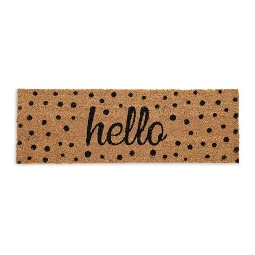 Produktbild: Relaxdays Fußmatte Kokos, Hello-Schriftzug, Punkte, 75 x 25 cm, Rutschfester Fußabtreter, innen & außen, Natur/schwarz