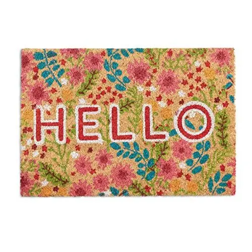 Produktbild: Relaxdays Fußmatte Kokos, Hello Schriftzug & Blumen-Motiv, Türvorleger innen & außen, Kokosmatte 40x60cm Türmatte, bunt