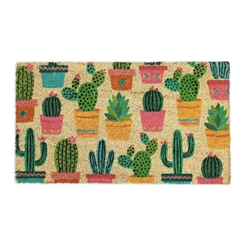 Produktbild: Relaxdays Fußmatte Kokos, Kaktus-Motiv, 75x42 cm, Türvorleger für innen & außen, rutschfest, Abtreter, wetterfest, bunt