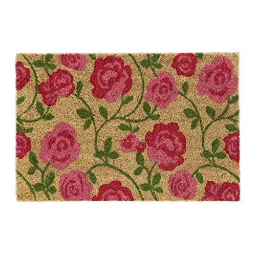 Produktbild: Relaxdays Fußmatte Kokos, Rosen-Motiv, Fußabtreter 40x60 cm, Türvorleger innen & außen, rutschfest, Türmatte, pink/Natur