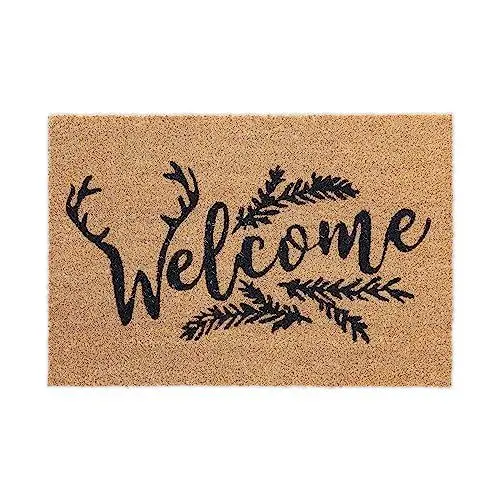 Produktbild: Relaxdays Fußmatte Kokos, Welcome Schriftzug, Geweih, Türvorleger innen & außen, Kokosmatte 40 x 60 cm, Türmatte, Natur