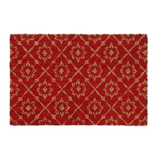 Produktbild: Relaxdays Fußmatte Kokos, florales Muster, 40 x 60 cm, rutschfest, wetterfest, Fußabtreter für innen & außen, rot/Natur