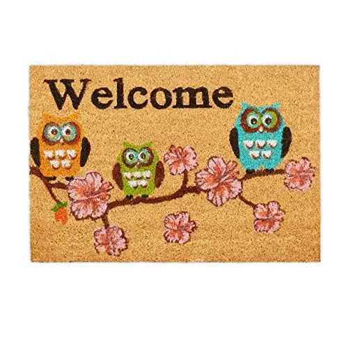 Produktbild: Relaxdays Fußmatte Kokos, mit Welcome Schriftzug & Eulen-Motiv, Türvorleger innen & außen, Kokosmatte 40x60 cm, Natur