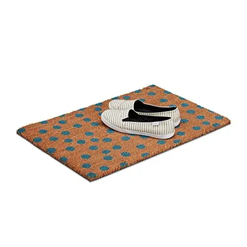 Produktbild: Relaxdays Fußmatte Punkte aus Kokos, HxBxT: 1,5 x 60 x 40 cm, rechteckig, rutschfest, Kokosfasern, Gummi, natur-blau