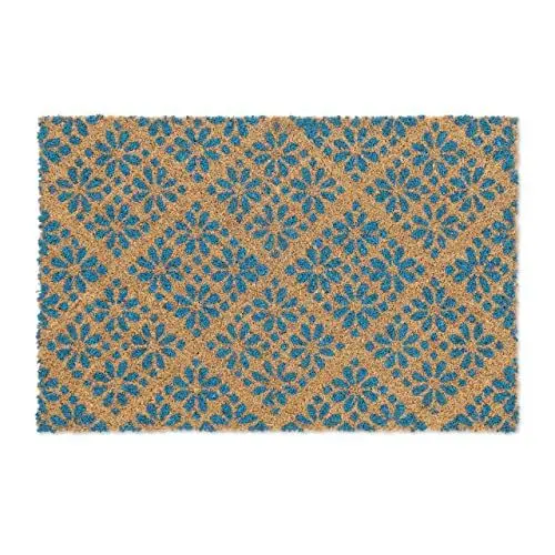 Produktbild: Relaxdays Fußmatte aus Kokos, florales Design, Türmatte für außen & innen, gummierte Kokosmatte 60x40 cm, blau/Natur