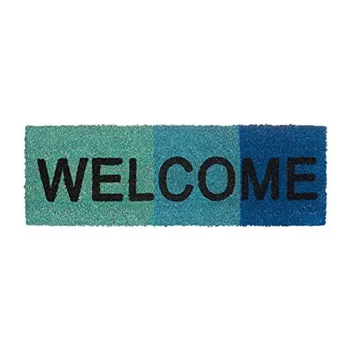 Produktbild: Relaxdays Fußmatte schmal mit Spruch WELCOME und Farbverlauf aus Kokos und Gummi PVC als Fußabtreter für Außen & Innen Eingangsmatte mit rutschfestem Boden als Türvorleger HBT: 1,5 x 75 x 25 cm, blau