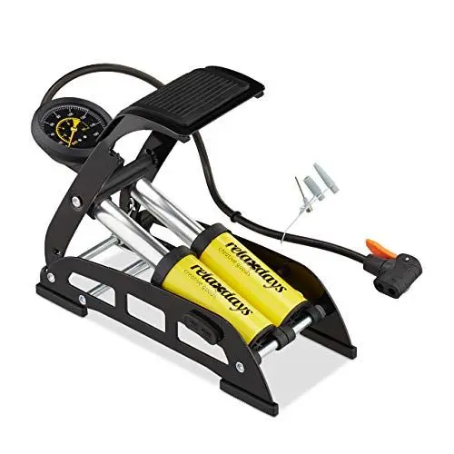 Produktbild: Relaxdays Fußpumpe mit Manometer, alle Ventile, 3 Aufsätze, Fahrrad, Ball & Luftmatratze, 24x32x12,5 cm, gelb/schwarz