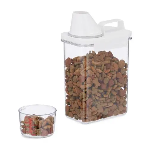 Produktbild: Relaxdays Futter Aufbewahrungsbox, Messbecher, luftdichter Deckel, 1,8 l, Trockenfutter, Müsli, Waschpulver, transparent