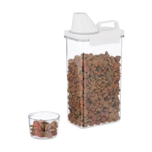 Produktbild: Relaxdays Futter Aufbewahrungsbox, Messbecher, luftdichter Deckel, 2,3 l, Trockenfutter, Müsli, Waschpulver, transparent