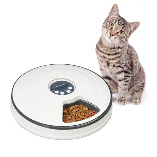 Produktbild: Relaxdays Futterautomat Katze, bis zu 6 Portionen, HxD: 5,5 x 30,5 cm, Katzenfutterstation mit Zeitschaltuhr, weiß/grau