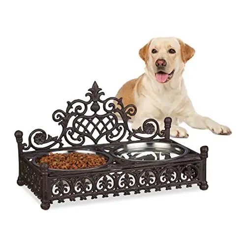 Produktbild: Relaxdays Futterbar für große Hunde, Antik-Stil, XL Hundebar, Gusseisen, Futternapf-Set, 1 Liter Edelstahlnäpfe, braun