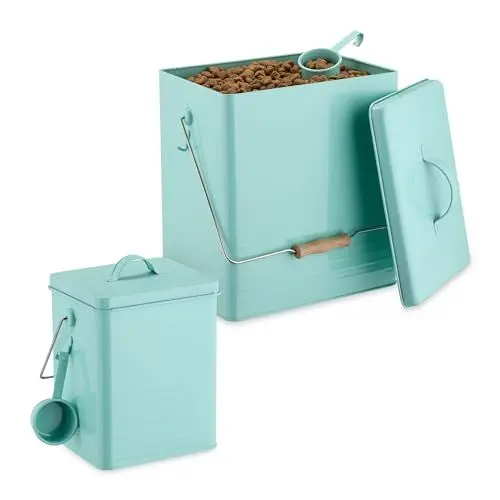 Produktbild: Relaxdays Futterbox, 2er Set, 2 Größen, Futtertonne mit Deckel & Löffel, Eisen, Aufbewahrungsbox Trockenfutter, türkis