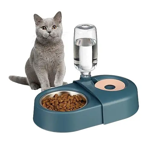 Produktbild: Relaxdays Futternapf mit Wasserspender, Katzen & kleine Hunde, 500 ml Flasche, Edelstahl Katzennapf, rutschfest, blau