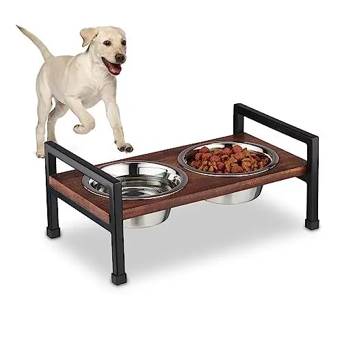 Produktbild: Relaxdays Futterstation Hund, erhöhte Hundebar, 2 Fressnäpfe aus Edelstahl, je 750 ml, Mangoholz & Eisen, braun/schwarz