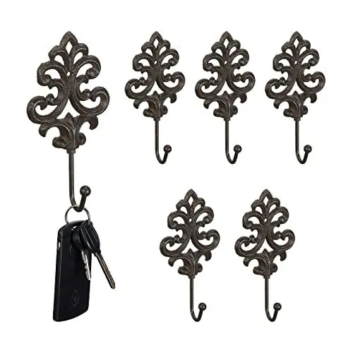 Produktbild: Relaxdays Garderobenhaken, 6er Set, Gusseisen, antikes Design, Haken je HxBxT: ca. 17 x 8,5 x 4,5 cm, Wandhaken, braun