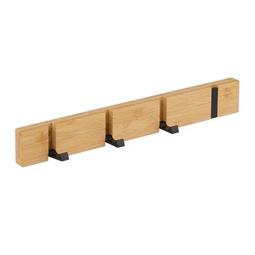 Produktbild: Relaxdays Garderobenleiste, 4 klappbare Haken, Bambus, Metall, zum Bohren oder Kleben, Flur Wandgarderobe, Natur/schwarz