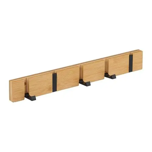 Produktbild: Relaxdays Garderobenleiste, 5 klappbare Haken, Bambus, Metall, zum Bohren oder Kleben, Flur Wandgarderobe, Natur/schwarz