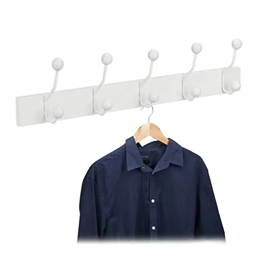 Produktbild: Relaxdays Garderobenleiste, HxBxT: 14 x 65 x 7 cm, 5 doppelte Kleiderhaken, Wandgarderobe Flur, Diele, Hakenleiste, weiß
