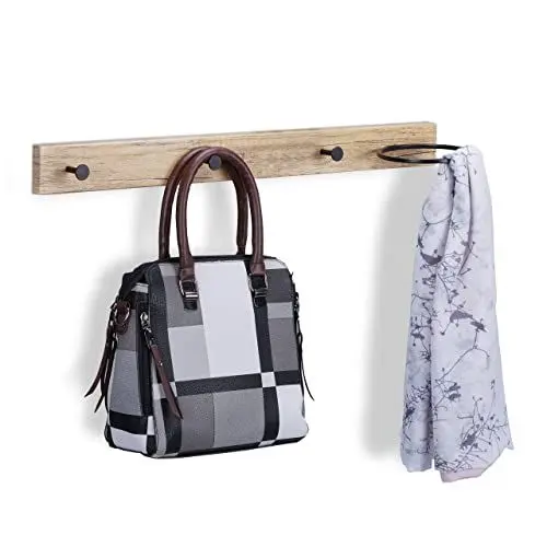Produktbild: Relaxdays Garderobenleiste mit 3 Haken & Schalring, Hakenleiste MDF & Metall, HBT: 13 x 65 x 14,5 cm, hellbraun/schwarz