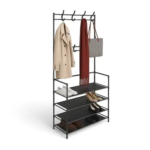 Produktbild: Relaxdays Garderobenständer, 4 Schuhablagen, 8 Doppelhaken, Flur, freistehende Garderobe HBT 150 x 61 x 27,5 cm, schwarz