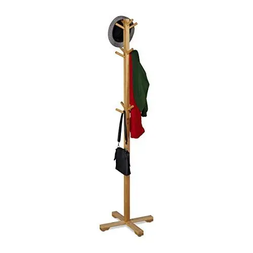 Produktbild: Relaxdays Garderobenständer Bambus, Jackenständer mit 12 Haken, HBT: 179,5 x 50 x 50 cm, Standgarderobe Baumform, Natur 10032150