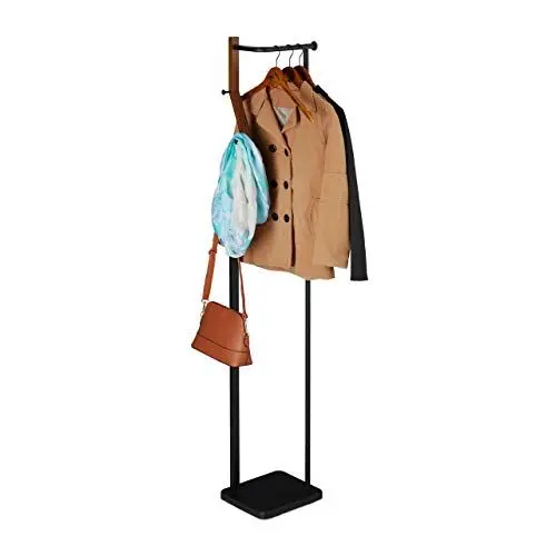 Produktbild: Relaxdays Garderobenständer Metall & Holz, modern, 3 Haken & Kleiderstange, Garderobe, HBT: 173x30x25 cm, schwarz-braun