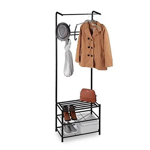 Produktbild: Relaxdays Garderobenständer mit Schuhablage, freistehend, Flur Standgarderobe, Metall, HxBxT: 183 x 61 x 34 cm, schwarz