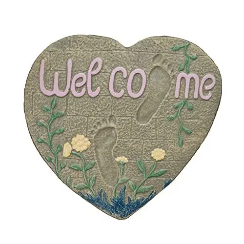 Produktbild: Relaxdays Garten Trittstein Herz, Gusseisen, Welcome Gartendeko, Trittplatte für Rasen & Beet, 33 x 32 cm, mehrfarbig