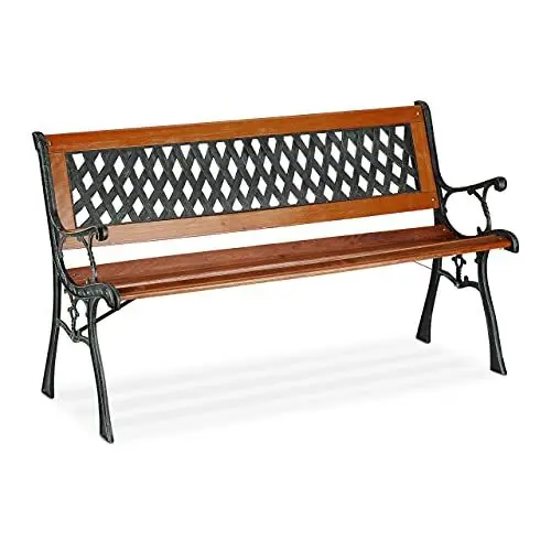 Produktbild: Relaxdays Gartenbank, 2 Sitzer, Holz & Gusseisen, Balkon & Terrasse, rustikale Sitzbank, HBT: 73x125x52,5 cm, braun/grün