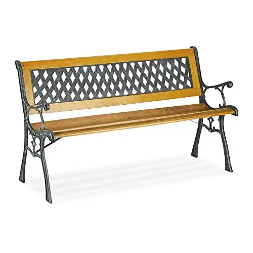 Produktbild: Relaxdays Gartenbank, 2 Sitzer, Holz & Gusseisen, Balkon & Terrasse, rustikale Sitzbank, HxBxT: 73x125x52 cm, Natur/grün
