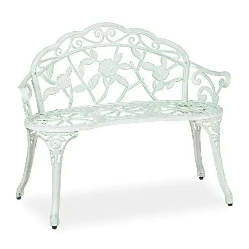 Produktbild: Relaxdays Gartenbank, 2-Sitzer, Terrasse, Balkon, Aluminium & Gusseisen, HxBxT: 79 x 99 x 56 cm, Sitzbank, weiß/grün