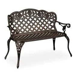 Produktbild: Relaxdays Gartenbank, 2 Sitzer, Rosen, Terrasse, Balkon, Aluminium Guss, antike Sitzbank, 84x111,5x56 cm, schwarz/bronze