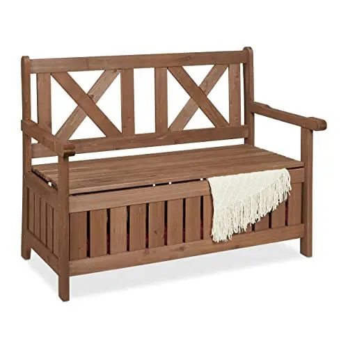 Produktbild: Relaxdays Gartenbank, Outdoorbank mit Stauraum, 2-Sitzer, HBT 85 x 115 x 60 cm, Sitztruhe mit Rückenlehne, dunkelbraun