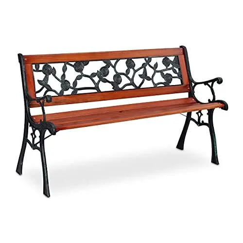 Produktbild: Relaxdays Gartenbank, Rosenmuster, 2 Sitzer, Holz & Gusseisen, Balkon & Terrasse, Sitzbank, 73x125x52,5 cm, Natur/grün