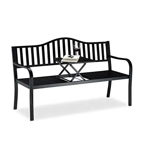 Produktbild: Relaxdays Gartenbank mit Klapptisch, 3-Sitzer, integrierte Tischablage, robuste Sitzbank, HBT: 90x150x57,5 cm, schwarz