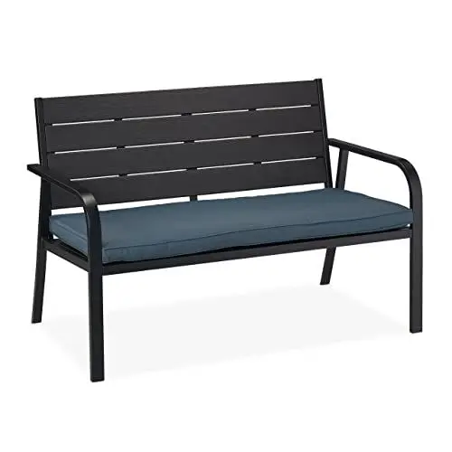 Produktbild: Relaxdays Gartenbank mit Sitzkissen, Holzoptik, HBT: 78 x 118 x 66 cm, 2 Sitzer, stabile Balkonbank, schwarz/anthrazit