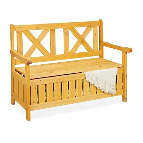 Produktbild: Relaxdays Gartenbank mit Stauraum, 2-Sitzer, HBT 85 x 115 x 60 cm, Tannenholz, Garten Truhenbank mit Rückenlehne, Natur