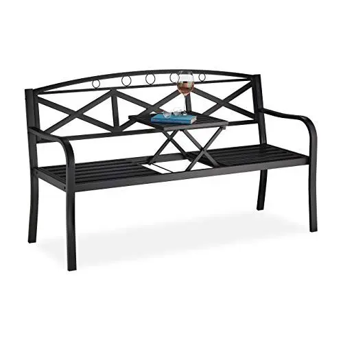Produktbild: Relaxdays Gartenbank mit klappbarem Tisch, 3-Sitzer, robust, Garten, Metall Balkonbank, HBT: 87,5 x 150 x 56 cm, schwarz