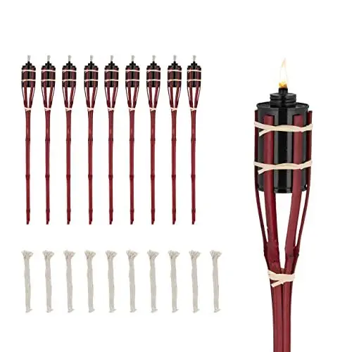 Produktbild: Relaxdays Gartenfackeln, 10er Set, Bambus, Höhe: 70 cm, Ölfackeln für draußen, Outdoor Fackeln mit Ersatzdocht, rot