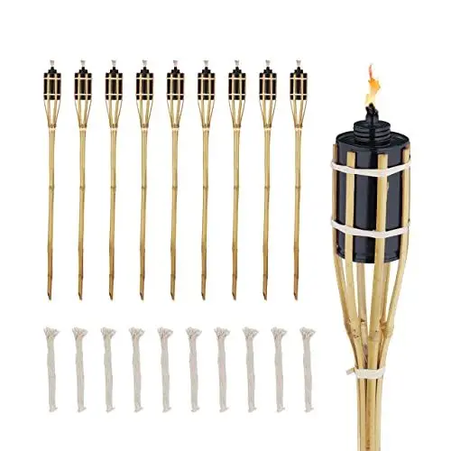 Produktbild: Relaxdays Gartenfackeln, 10er Set, Bambus, Ölfackeln für draußen, Outdoor Fackeln mit Ersatzdocht, Höhe: 80 cm, Natur