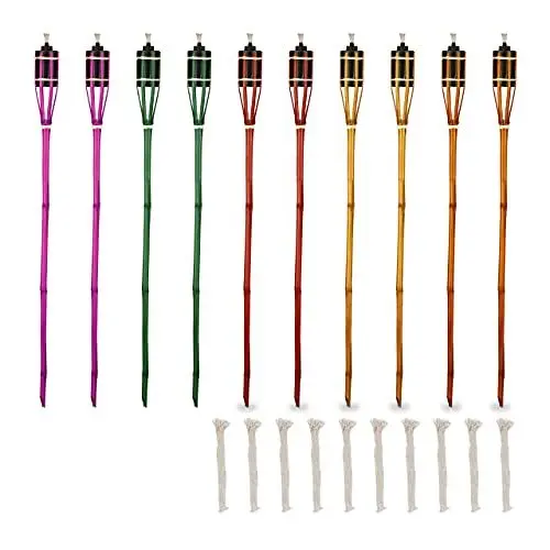 Produktbild: Relaxdays Gartenfackeln, 10er Set, Bambus, Ölfackeln für draußen, Outdoor Fackeln mit Ersatzdocht, Höhe: 90 cm, bunt