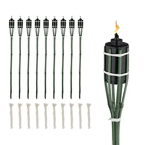 Produktbild: Relaxdays Gartenfackeln, 10er Set, Bambus, Ölfackeln für draußen, Outdoor Fackeln mit Ersatzdocht, Höhe: 90 cm, grün