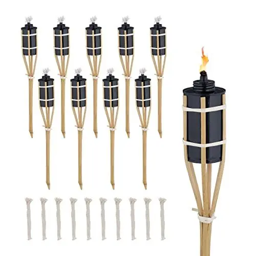 Produktbild: Relaxdays Gartenfackeln für draußen, 10er Set, 40 cm, Bambusfackeln Gartenparty Deko, Ölfackeln mit Ersatzdocht, Natur