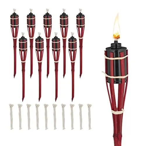 Produktbild: Relaxdays Gartenfackeln für draußen, 10er Set, 50 cm, Bambusfackeln Gartenparty Deko, Ölfackeln mit Ersatzdocht, rot