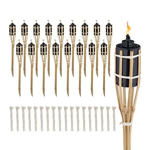 Produktbild: Relaxdays Gartenfackeln für draußen, 18er Set, 50 cm, Bambusfackeln Gartenparty Deko, Ölfackeln mit Ersatzdocht, Natur