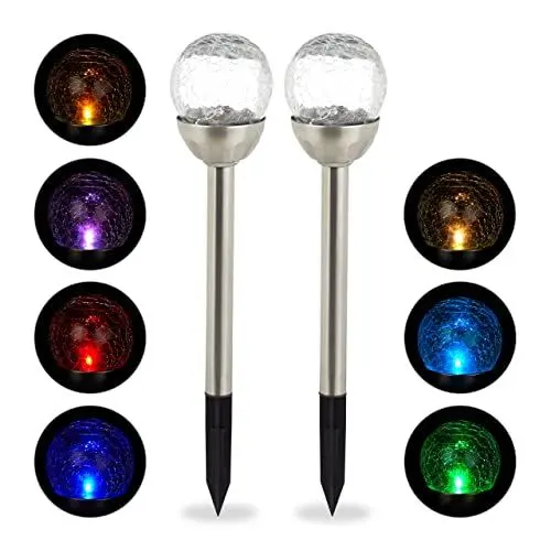 Produktbild: Relaxdays Gartenleuchte Glaskugel im 2er Set, LED Solarleuchten in Bruchglas Optik, Farbwechsel, inkl. Erdspieß, silber