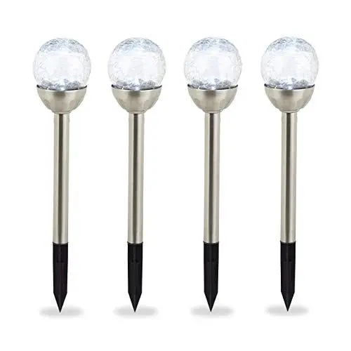 Produktbild: Relaxdays Gartenleuchte Glaskugel im 4er Set, wasserdichte LED Solarleuchten in Bruchglas Optik, weißes Licht, silber, 38 x 8 x 8 cm